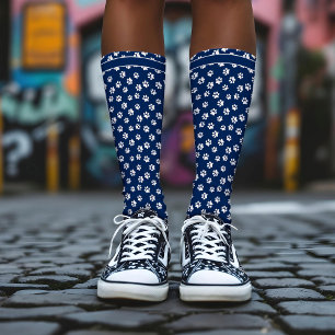 Chaussette Chic Navy Blue & White Empreinte de patte Nom pers