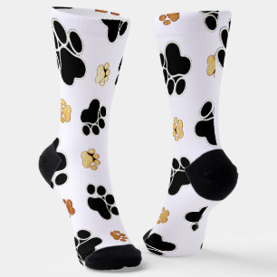 Chaussette Chien canin noir et tan empreinte de patte blanc