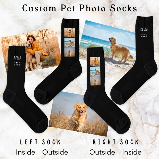 Chaussette Chien de compagnie 3-Photo Collage Nom Année Noir (A pair of black socks with custom photos of your dog, plus your pet's name and the year)