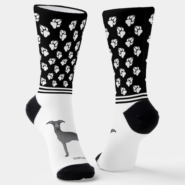 Chaussette Chien Lévrier Italien Bleu Avec Nom Et Pattes (Angulaire)