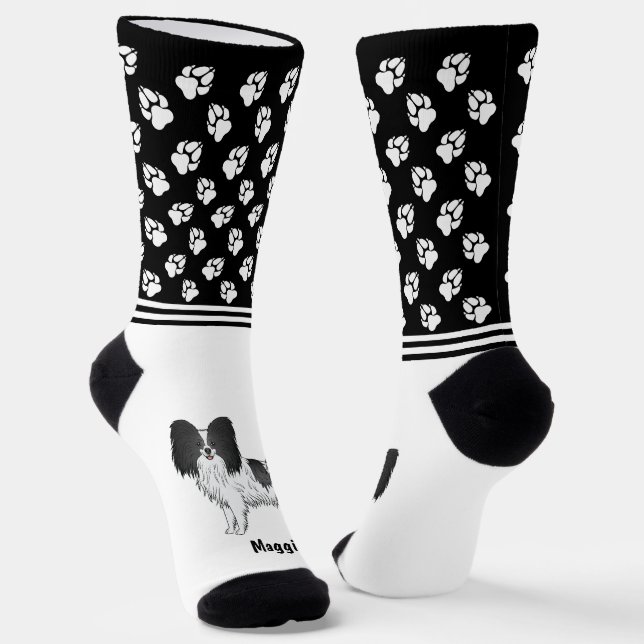 Chaussette Chien Papillon Noir Et Blanc Avec Nom Et Pattes (Angulaire)