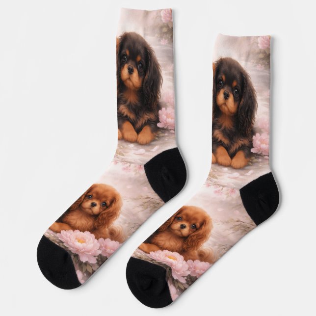 Chaussette chiots Cavalier King Charles au printemps (Gauche)