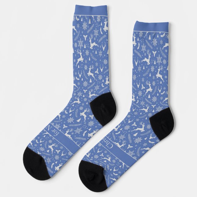 Chaussette Christmas Reindeer Pattern Blue with Text (Gauche)