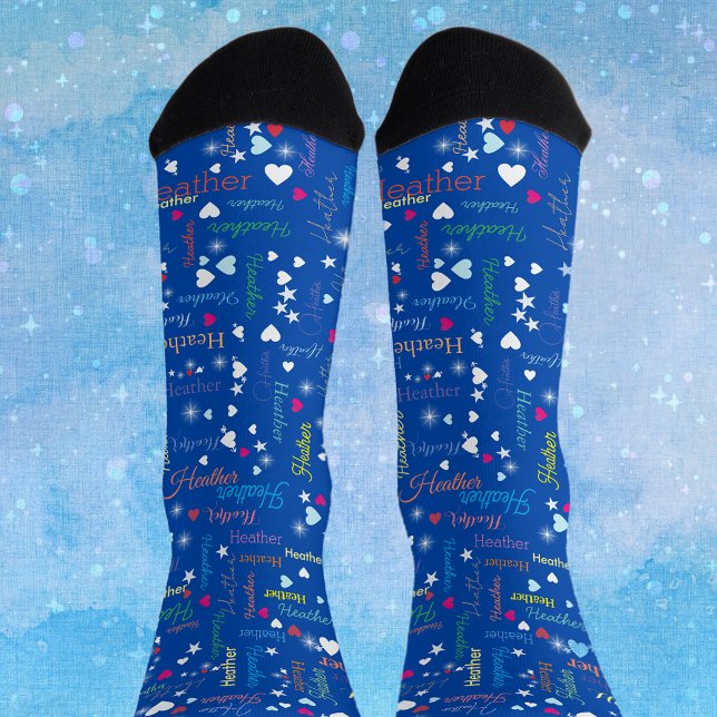 Chaussette Ciel bleu Cobalt Plein de noms Coeurs et étoiles (Créateur téléchargé)