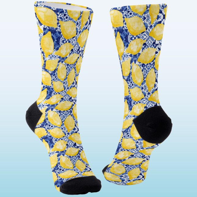 Chaussette Citron Citrus Méditerranée Carreau Bleu Aquarelle (Refreshing citrus lemon fruit Mediterranean yellow, blue and white socks)