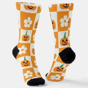 Chaussette Citrouilles d'Halloween à carreaux avec fleurs rét
