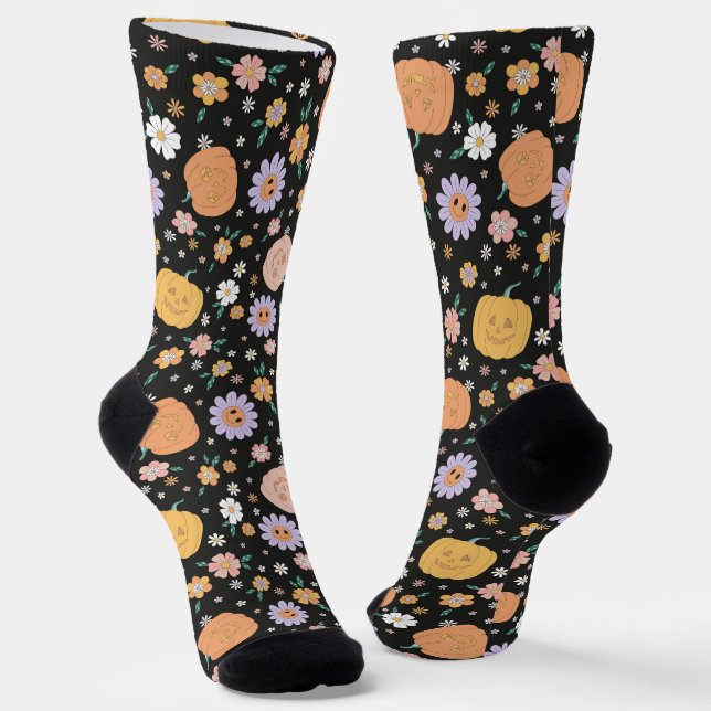 Chaussette Citrouilles d'Halloween rétro et Motif de fleurs (Angulaire)