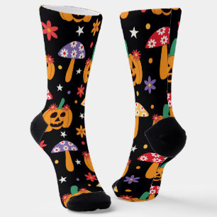 Chaussette Citrouilles groovy d'Halloween fleurs et champigno