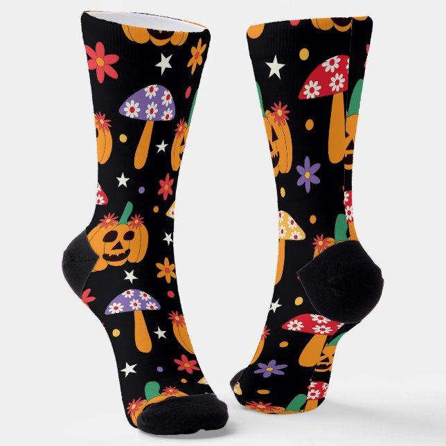 Chaussette Citrouilles groovy d'Halloween fleurs et champigno (Angulaire)