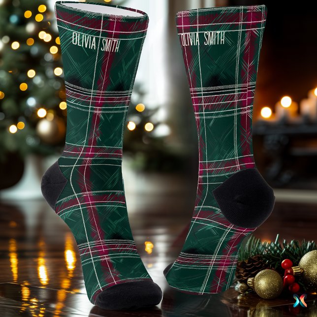 Chaussette Classic Vert et Rouge Noël Plaid Custom (Créateur téléchargé)
