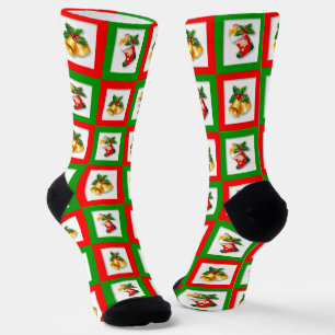 Chaussette Cloches de Noël dans des carrés verts et rouges Cr
