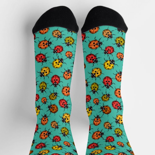 Chaussette Coccinelles colorées sur turquoise (Haut)