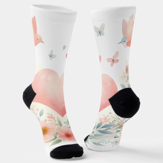 Chaussette Cœur d'aquarelle douce Fleurs d'amour Oiseaux (Angulaire)
