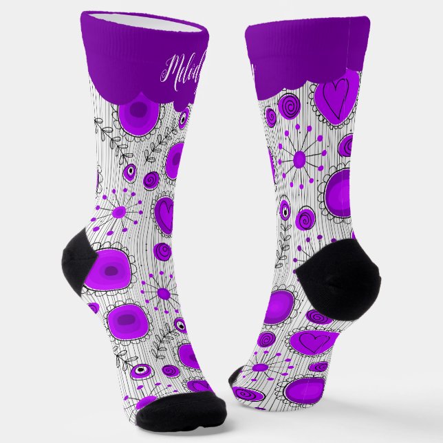 Chaussette Coeurs blancs violet blanc Whimsical fleurs nom fl (Angulaire)