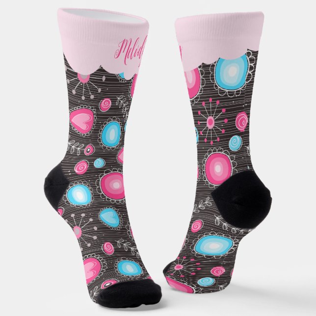 Chaussette Coeurs bleu rose blanc et nom floral des fleurs (Angulaire)