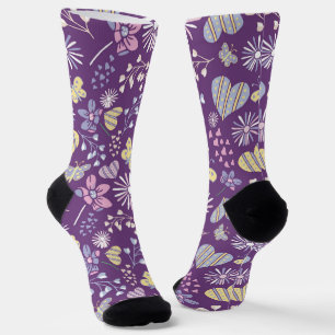 Chaussette Coeurs et papillons floraux mignons et violets rét