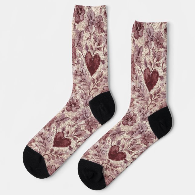 Chaussette Cœurs Floraux Rouge Crème (Gauche)