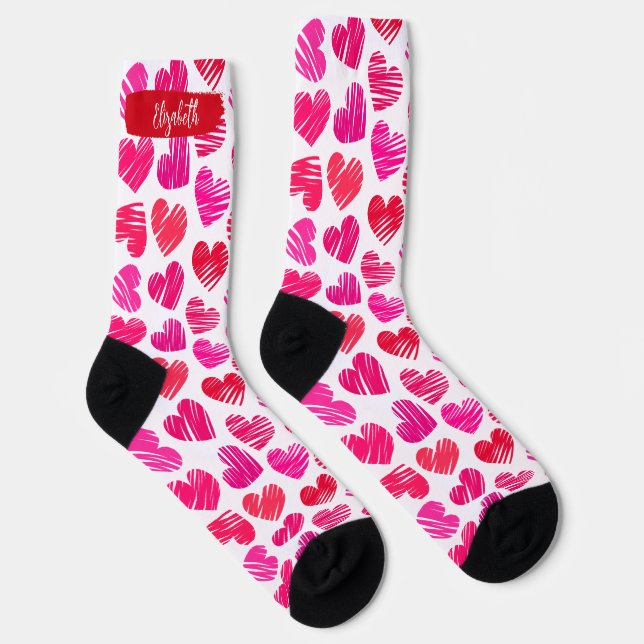 Chaussette Coeurs griffés rouges et roses modernes Valentine  (Droite)