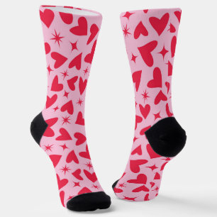 Chaussette Cœurs rouges avec explosions stellaires rétro sur