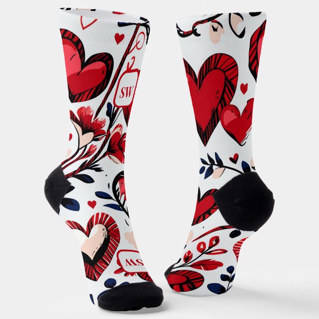 Chaussette Coeurs rouges féminins mignons, floraux. Monogramm (Créateur téléchargé)