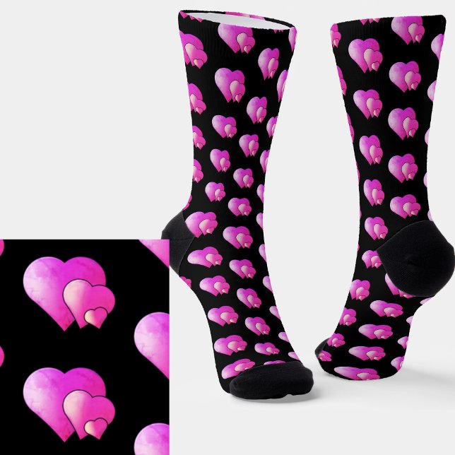 Chaussette Coeurs triple roses sur noir (Créateur téléchargé)