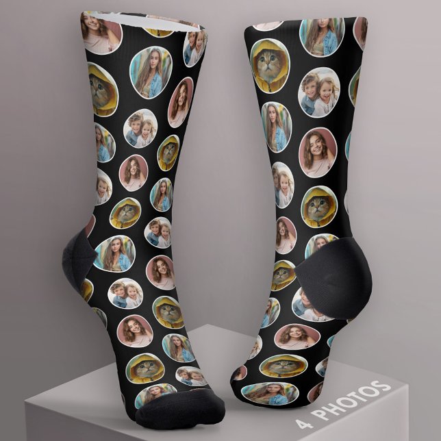 Chaussette Collage de bordure de cercle de 4 photos - Noir Bl (Custom Socks with Photo Collage)