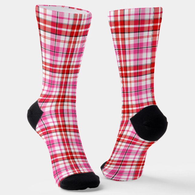Chaussette Conception à carreaux tartan blanc rouge rose  (Angulaire)