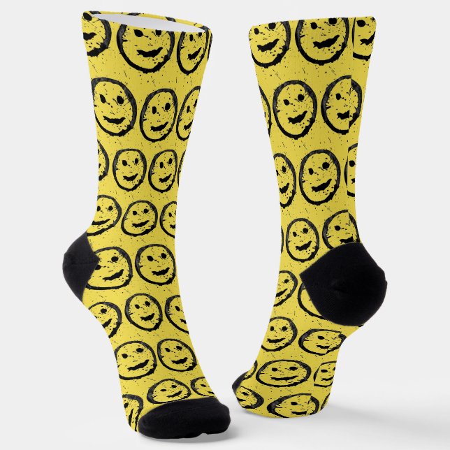 Chaussette Cool Sardé Joyeux visage souriant motif jaune (Angulaire)