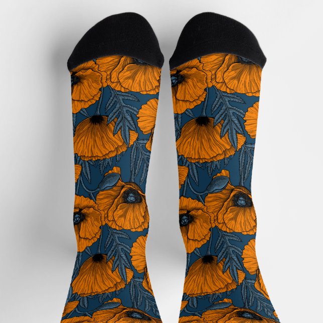 Chaussette Coquelicots orange sur fond bleu foncé (Haut)