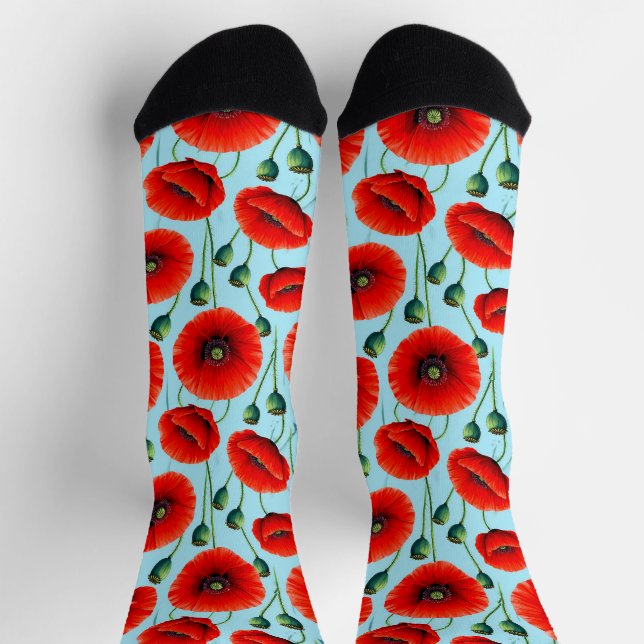 Chaussette Coquelicots rouges vibrants sur un fond bleu clair (Haut)