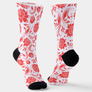 Chaussette Corail rouge et blanc vintage damas florales motif