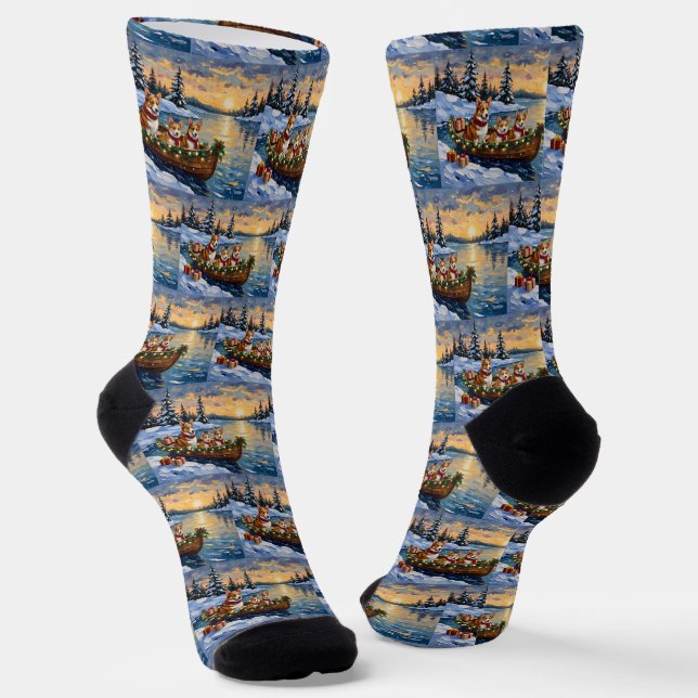 Chaussette Corgi Noël Bateau Fêtes (Angulaire)