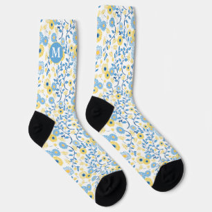 Chaussette Corne Bleu Jaune Motif Floral Monogramme
