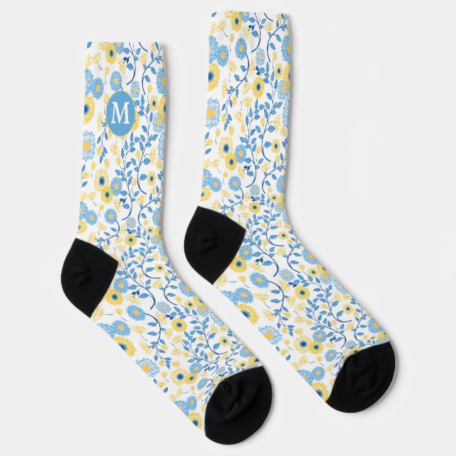 Chaussette Corne Bleu Jaune Motif Floral Monogramme (Droite)