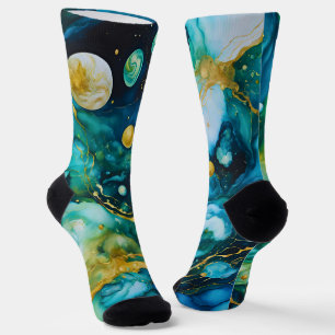 Chaussette Cosmos d'encre d'alcool bleu vert or