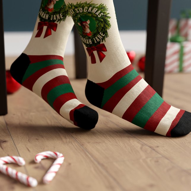 Chaussette Couronne de Noël Chaussettes de Noël rayées avec p (Festive socks for you to add your best friend's photo. Merry Sockmas!)