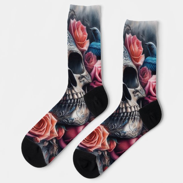 Chaussette Crâne avec Roses et Bluebird (Gauche)