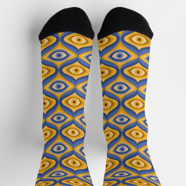 Chaussette Crazy psychedelic oeil motif indigo bleu jaune (Haut)
