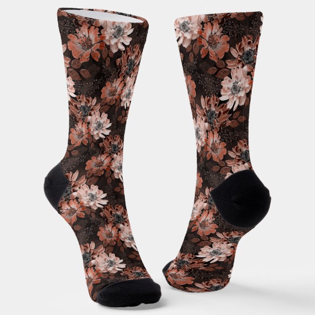 Chaussette Crème, fleurs de teracote sur un arrière - plan br (Angulaire)