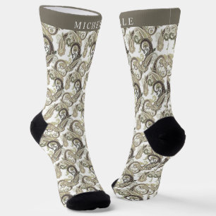 Chaussette Crème personnalisée Blanc Brown Paisley Motif noir