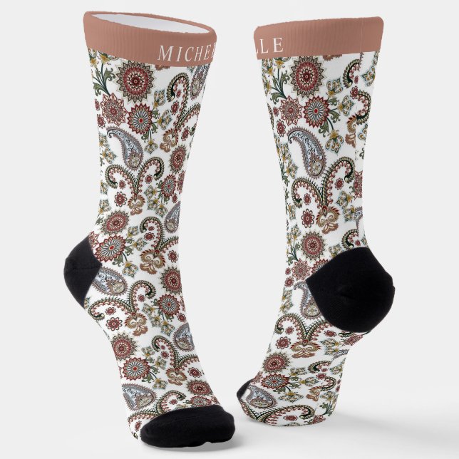 Chaussette Creme personnalisée Blanc Rouge Vert Motif Paisley (Angulaire)