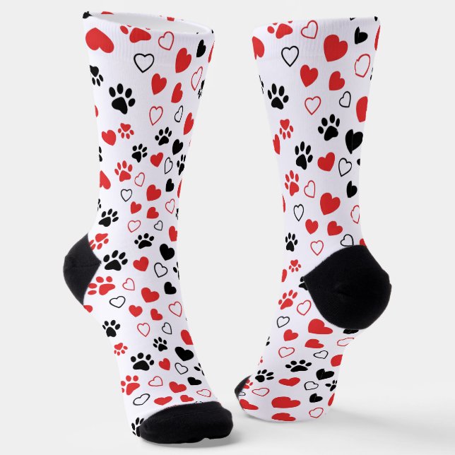 Chaussette Crew Red and Black Paw Print and Heart Pattern Soc (Angulaire)