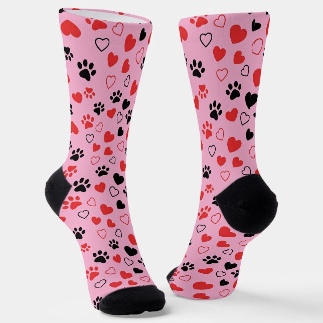 Chaussette Crew Rouge et Empreinte de Patte Noire  (Angulaire)