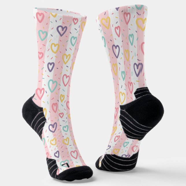 Chaussette Crew Socks Pink & White Stripe Colorful Hearts  (Angulaire)