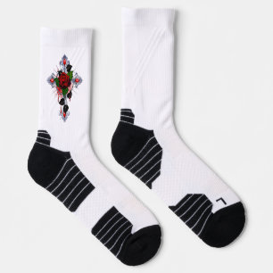 Chaussette Croix d'argent avec une rose rouge