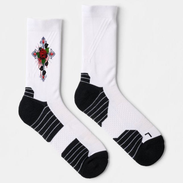 Chaussette Croix d'argent avec une rose rouge (Droite)