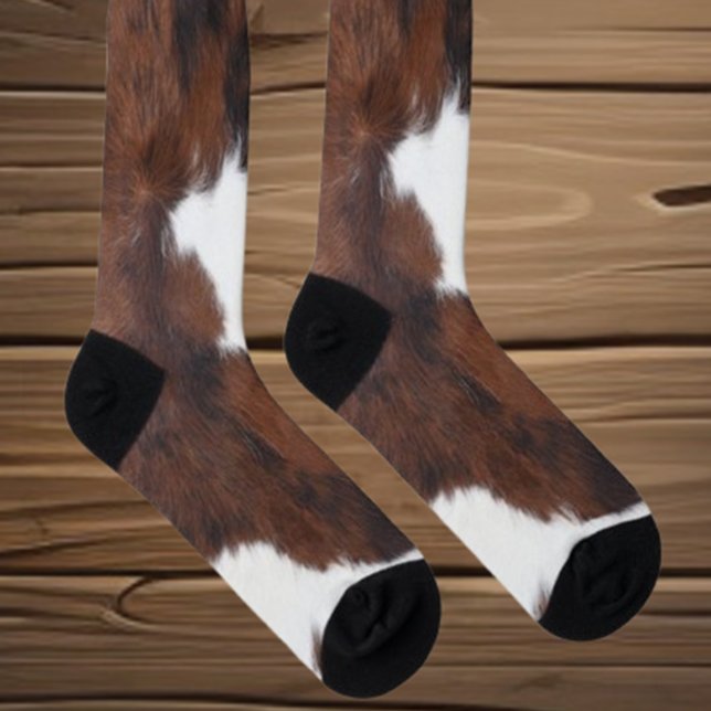 Chaussette Cuir de vache Brun Blanc  (Step into comfort with our Cowhide Brown White Socks. Perfect for cozy days at home  )