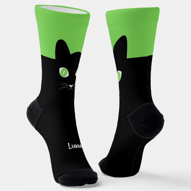 Chaussette Custom Black Cat Photo Socks with Name - Cat Lover (Angulaire)