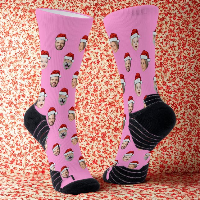 Chaussette Custom Face Pink Socks, Santa Hat 4 Faces Pink  (Créateur téléchargé)