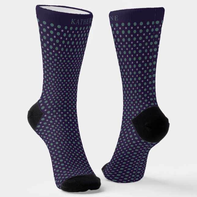 Chaussette Customizable Dark Navy Blue Green Polka Dot Design (Angulaire)